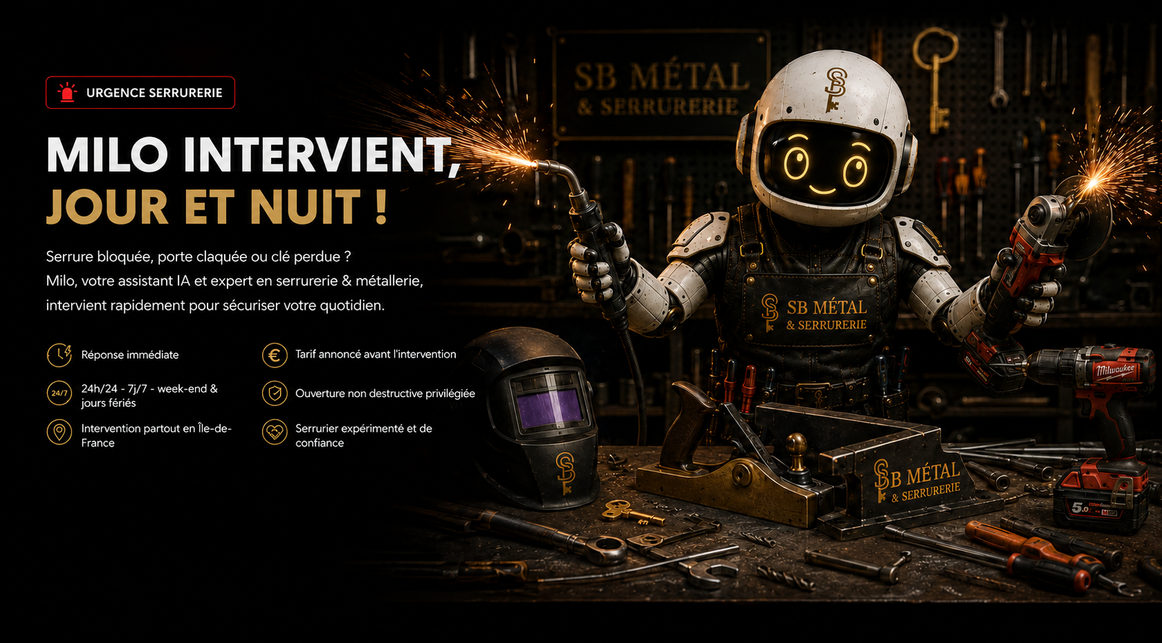 Milo intervient, jour et nuit ! Urgence serrurerie SB Métal & Serrurerie — 24h/24, 7j/7, ouverture non destructive, tarif annoncé avant l'intervention